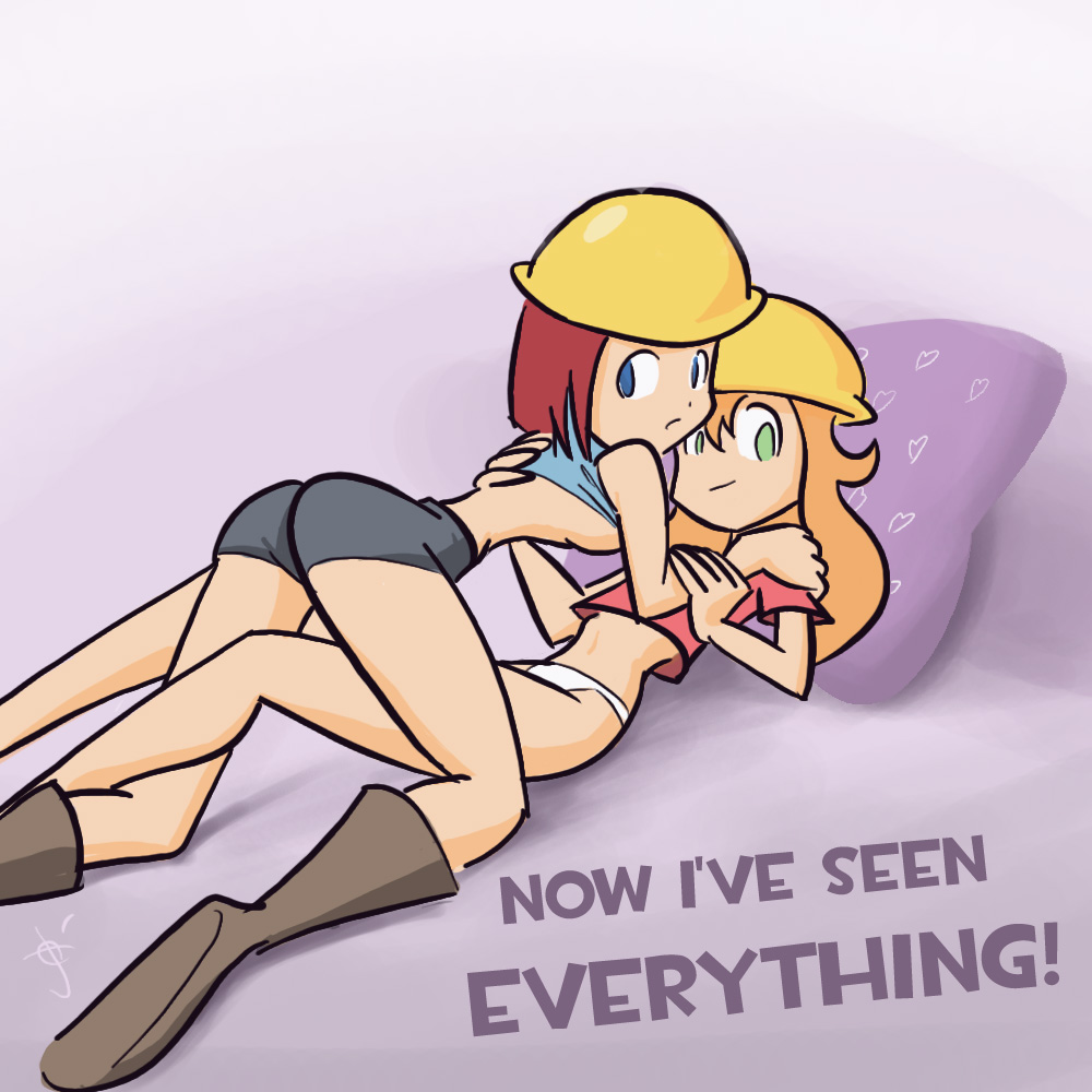 josue pereira, the engineer, team fortress 2, tf2, ass, boots, breasts, engineer, genderswap, helmet, long hair, midriff, panties, pillow, red hair, selfcest, short hair, shorts, sleeveless, sleeveless turtleneck, turtleneck, underboob, underwear, yuri
