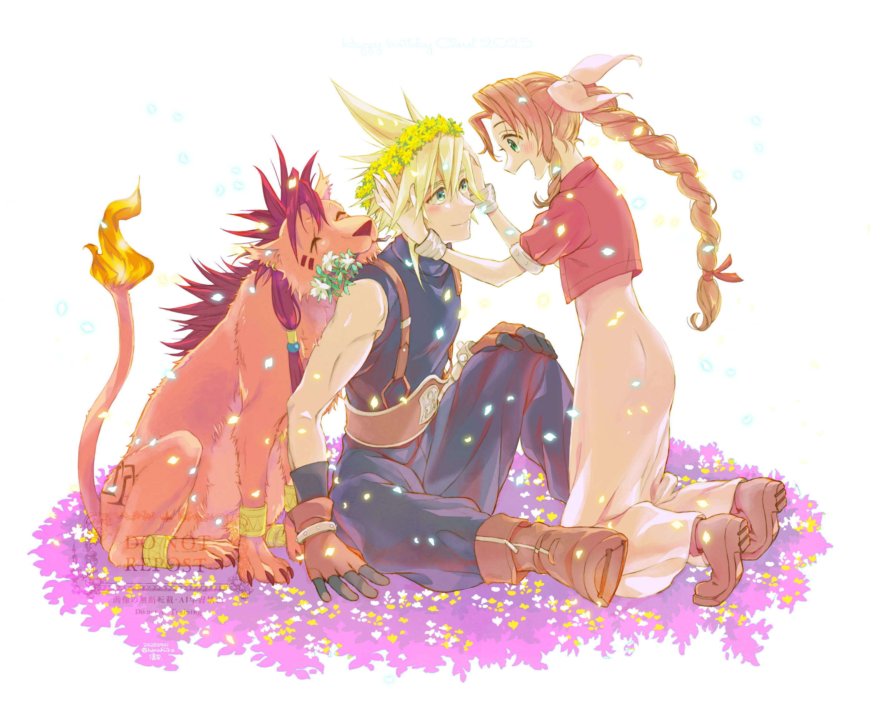 39cva, aerith gainsborough, cloud strife, red xiii, final fantasy, final fantasy vii, highres, 1girl, 2boys, animal, aqua eyes, armored gloves, baggy pants, bangle, beads, belt, blonde hair, blue pants, blue shirt, blush, boots, bracelet, braid, braided ponytail, brown belt, brown boots, brown gloves, brown hair, claws, closed mouth, couple, cropped jacket, dress, falling petals, fire, flame-tipped tail, flower, flower in mouth, full body, gloves, green eyes, hair beads, hair between eyes, hair ornament, hair ribbon, hand in another's hair, hand on own knee, head wreath, hetero, jacket, jewelry, kneeling, light smile, long dress, looking at another, multiple boys, open mouth, pants, parted bangs, petals, pink dress, pink ribbon, red hair, red jacket, ribbon, scar, scar across eye, scar on face, shirt, short hair, short sleeves, sidelocks, single bare shoulder, single braid, sitting, spiked hair, suspenders, tail, white background, white flower, yellow flower