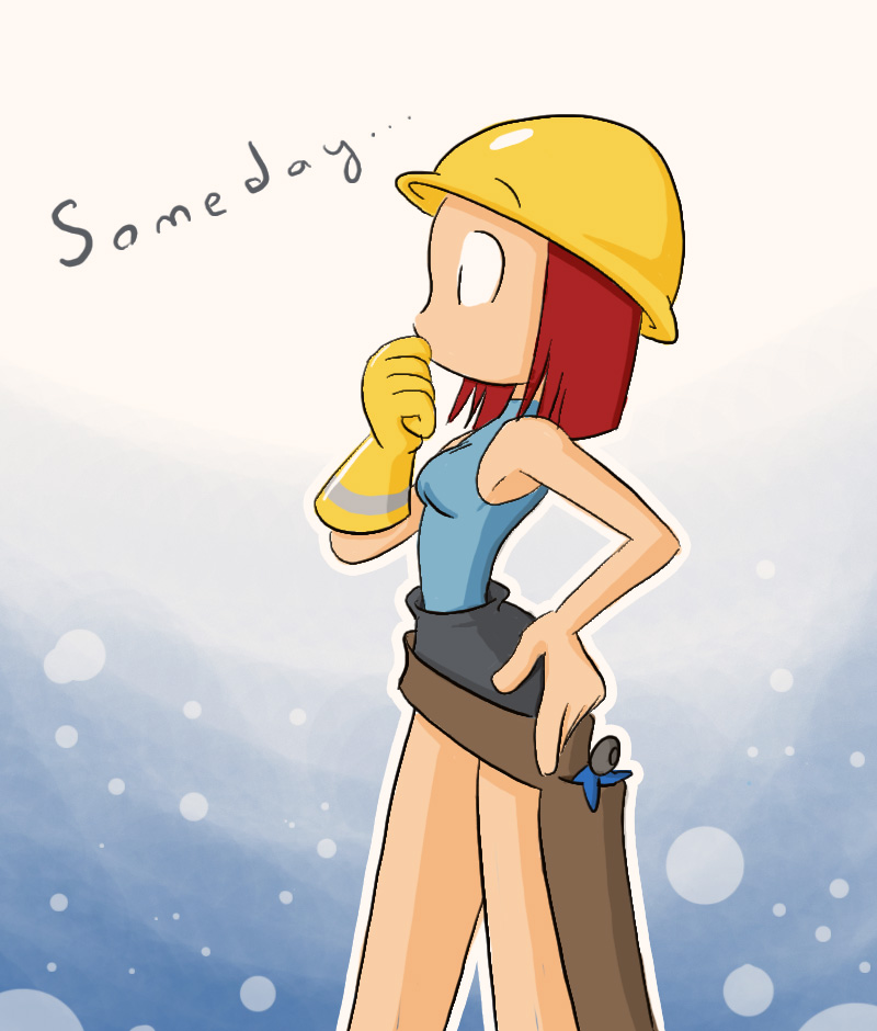 josue pereira, pyro, team fortress 2, tf2, engineer, genderswap, gloves, helmet, red hair, short hair, shorts, sleeveless, sleeveless turtleneck, snow, turtleneck