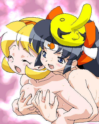 onsokumaru, shinobu (ninin ga shinobuden), shiranui kaede, ninin ga shinobuden, lowres, 00s, 2girls, black hair, blonde hair, blue eyes, blunt bangs, blush, breasts, grabbing another's breast, groping, hairband, headband, long hair, mask, multiple girls, ninja, nude, o3o, oekaki, sweat, tengu, tengu mask, yuri