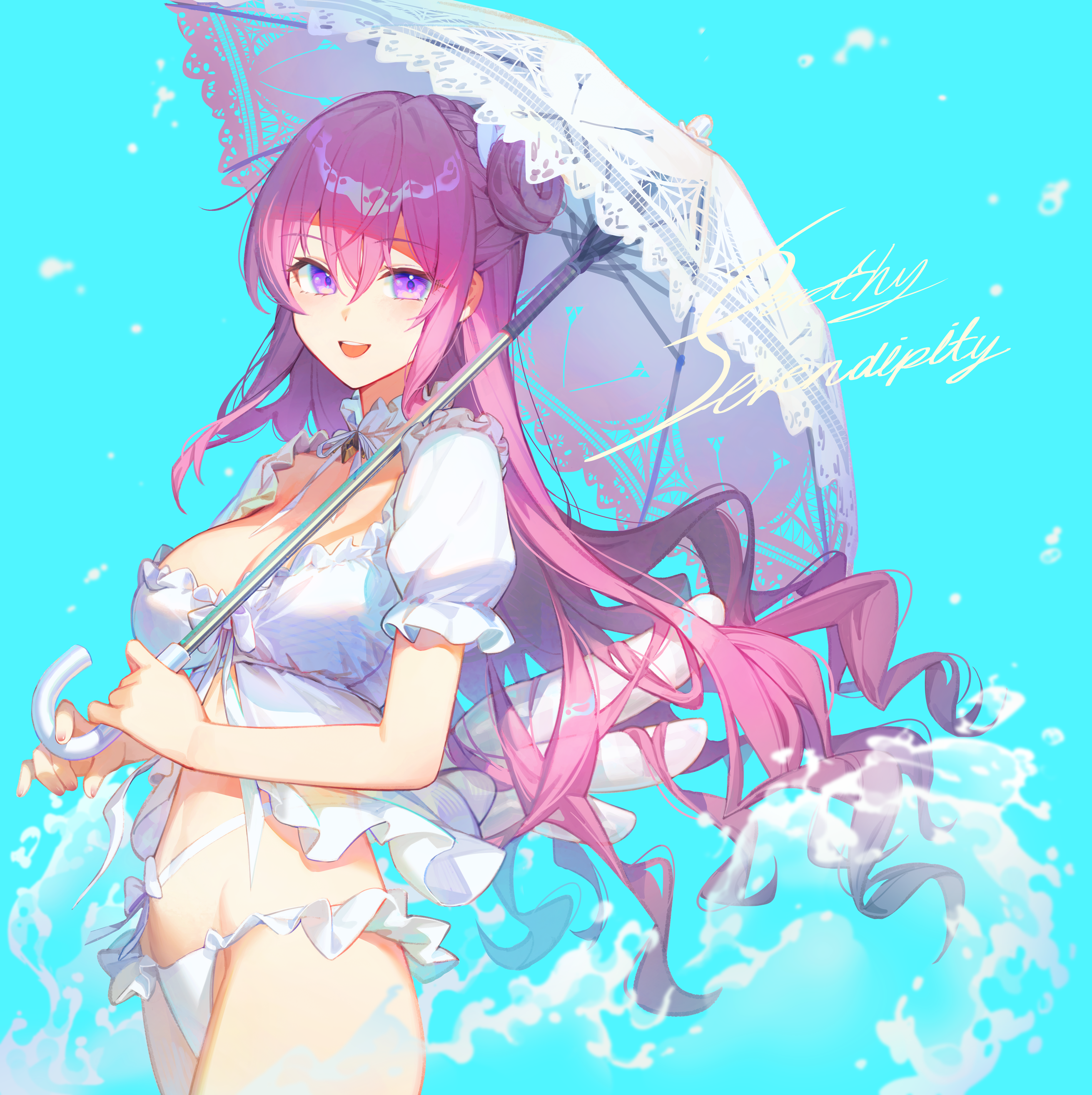 dl (dl 6ix), dorothy (nikke), dorothy (serendipity) (nikke), goddess of victory: nikke, absurdres, highres, 1girl, bikini, blue background, character name, dress swimsuit, hair bun, holding, holding umbrella, inflatable wings, open mouth, pink hair, purple eyes, single side bun, smile, solo, swimsuit, umbrella, white bikini