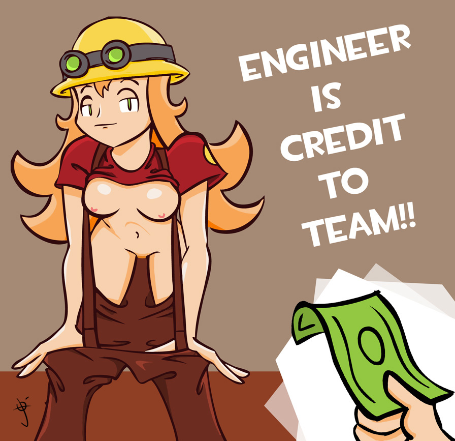 josue pereira, team fortress 2, tf2, breasts, engineer, genderswap, helmet, long hair, naughty face, overalls, pussy, red hair, undressing