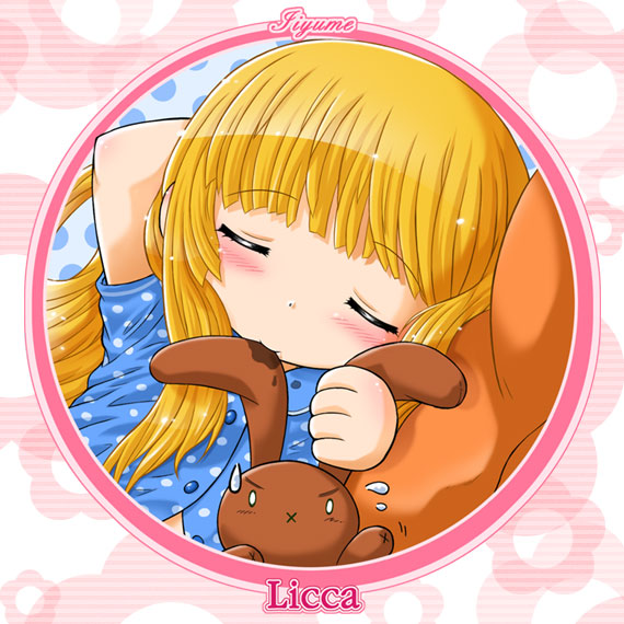 tokuda shinnosuke, kayama licca, super doll licca-chan, biting ear, 1990s (style), 1girl, biting, blonde hair, blunt bangs, blush, child, circle, close-up, closed eyes, drooling, female focus, flat chest, flower, grabbing another's ear, hand on another's ear, holding by the ears, licca, long hair, lying, o o, on side, pajamas, pillow, polka dot, polka dot background, polka dot pajamas, rabbit, retro artstyle, round image, saliva, sleeping, solo, striped background, stuffed animal, stuffed rabbit, stuffed toy, sweatdrop, x mouth