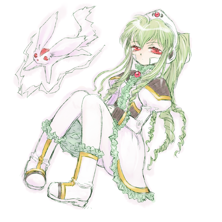 nanomachine pet, vanilla h, broccoli (company), galaxy angel, 00s, 1girl, animal, drill hair, female focus, green hair, high ponytail, long hair, pale skin, pantyhose, pet, ponytail, red eyes, simple background, solo