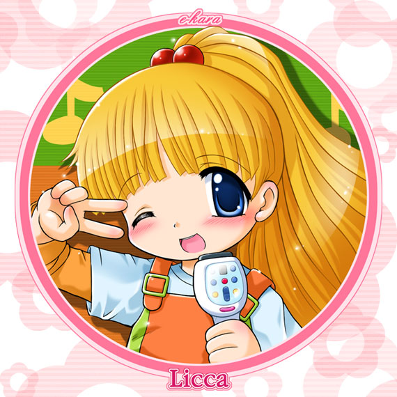 tokuda shinnosuke, kayama licca, super doll licca-chan, 1990s (style), 1girl, ;d, blonde hair, blue eyes, blunt bangs, blush, child, circle, close-up, female focus, flat chest, flower, hair bobbles, hair ornament, karaoke, licca, long hair, microphone, music, musical note, one eye closed, open mouth, orange overalls, overalls, quaver, retro artstyle, round image, shirt, singing, smile, solo, striped background, t-shirt, v, v over eye