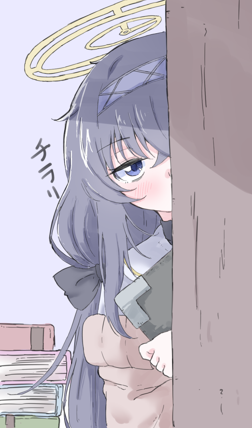 norippe (user zgsf8872), ui (blue archive), blue archive, highres, textless version, translation request, 1girl, bags under eyes, black hair, blue background, blue eyes, blue hairband, blush, brown jacket, grey shirt, hair between eyes, hairband, halo, holding, jacket, long hair, looking at viewer, off shoulder, peeking out, sailor collar, shirt, simple background, solo, upper body, very long hair, white sailor collar