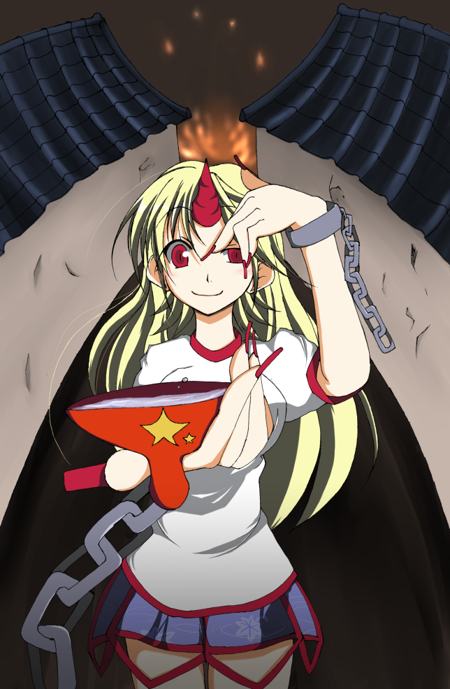 kuroair, hoshiguma yuugi, touhou, bad id, bad pixiv id, 1girl, blonde hair, cup, female focus, horns, red eyes, sakazuki, single horn, solo