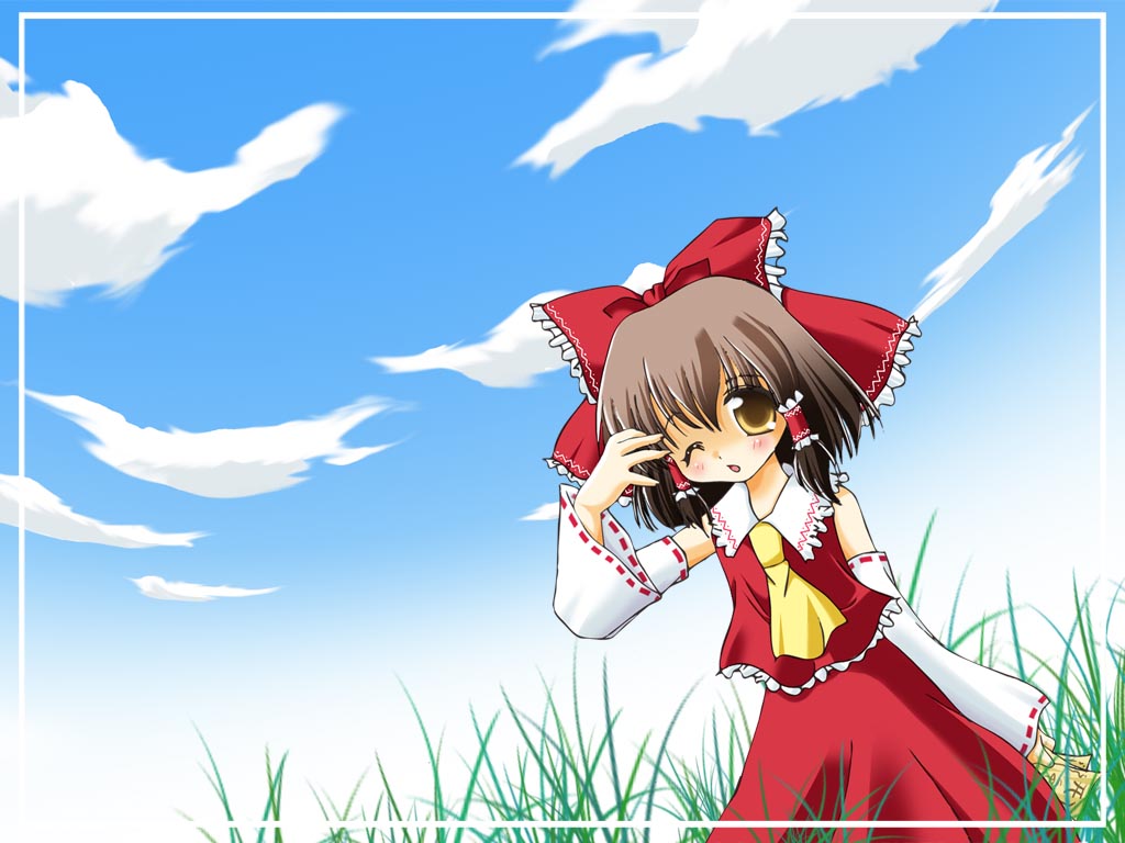 koizumi ako, piyoako, hakurei reimu, imperishable night, touhou, 1girl, detached sleeves, female focus, japanese clothes, miko, solo