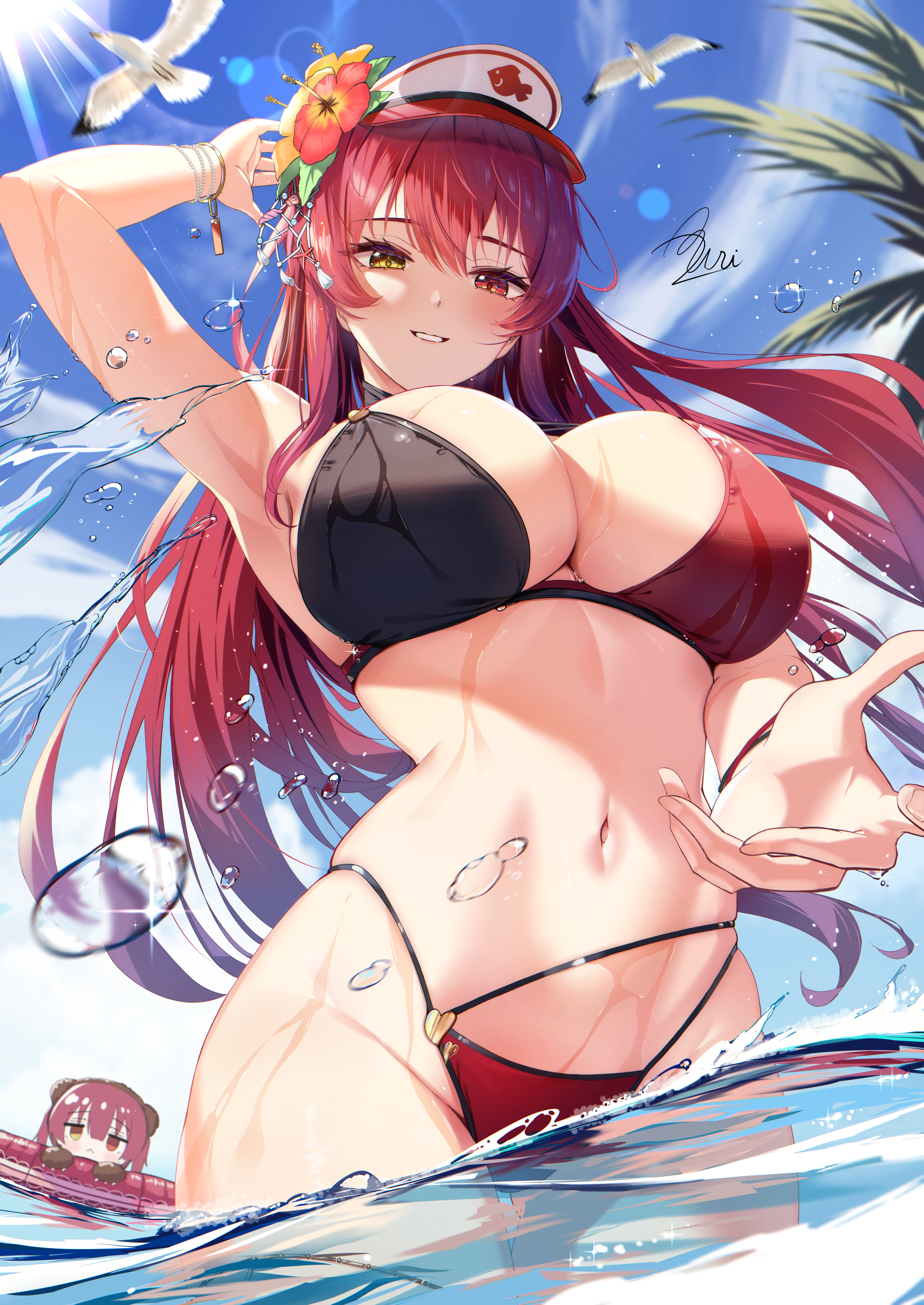 puripuri, houshou kumarine, houshou marine, houshou marine (holonatsu paradise), hololive, absurdres, highres, arm up, armpits, bikini, bird, black bikini, blue sky, breasts, cloud, day, from below, grin, heterochromia, highleg, highleg bikini, large breasts, lens flare, long hair, looking at viewer, multi-strapped bikini bottom, multicolored bikini, navel, official alternate costume, outdoors, palm leaf, partially underwater shot, red bikini, red eyes, red hair, red visor, seagull, sidelocks, sky, smile, stomach, swimsuit, two-tone bikini, virtual youtuber, visor cap, wading, wet, yellow eyes