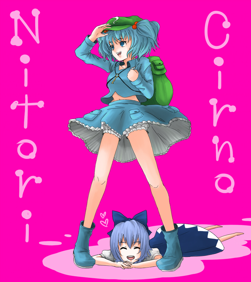 fakkuma, fakkuma kouroumue, cirno, kawashiro nitori, touhou, bad id, bad pixiv id, 2girls, ^ ^, bloomers, blouse, blue eyes, blue hair, blue shirt, character name, closed eyes, female focus, full body, hair bobbles, hair ornament, hat, interlocked fingers, legs apart, midriff, multiple girls, navel, pink background, shirt, standing, twintails, two side up, underwear, white bloomers