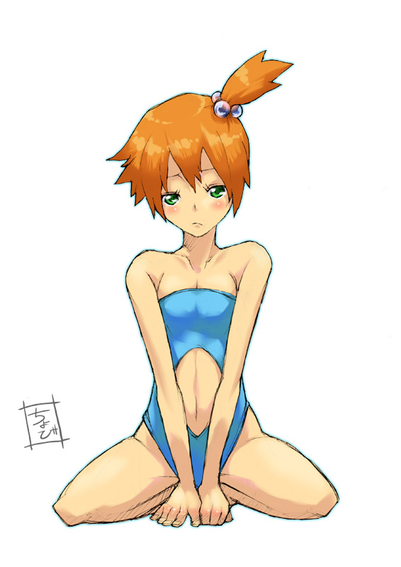 cho bi, chobi (pixiv148232), misty (pokemon), nintendo, pokemon, waist cutout, 1girl, alternate costume, bare shoulders, between thighs, blush, breasts, casual one-piece swimsuit, cleavage, clothing cutout, female focus, frown, green eyes, gym leader, hair bobbles, hair ornament, knees apart feet together, midriff, navel, navel cutout, one-piece swimsuit, orange hair, red hair, sad, short hair, side ponytail, simple background, solo, spread legs, squatting, swimsuit, thighs, v arms, white background