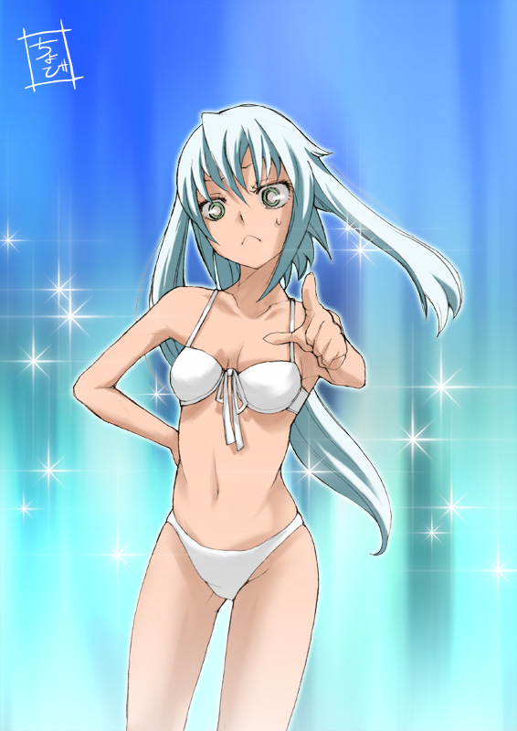 cho bi, chobi (pixiv148232), bad id, bad pixiv id, bikini, green eyes, midriff, pointing, ponytail, solo, swimsuit, white bikini, white hair