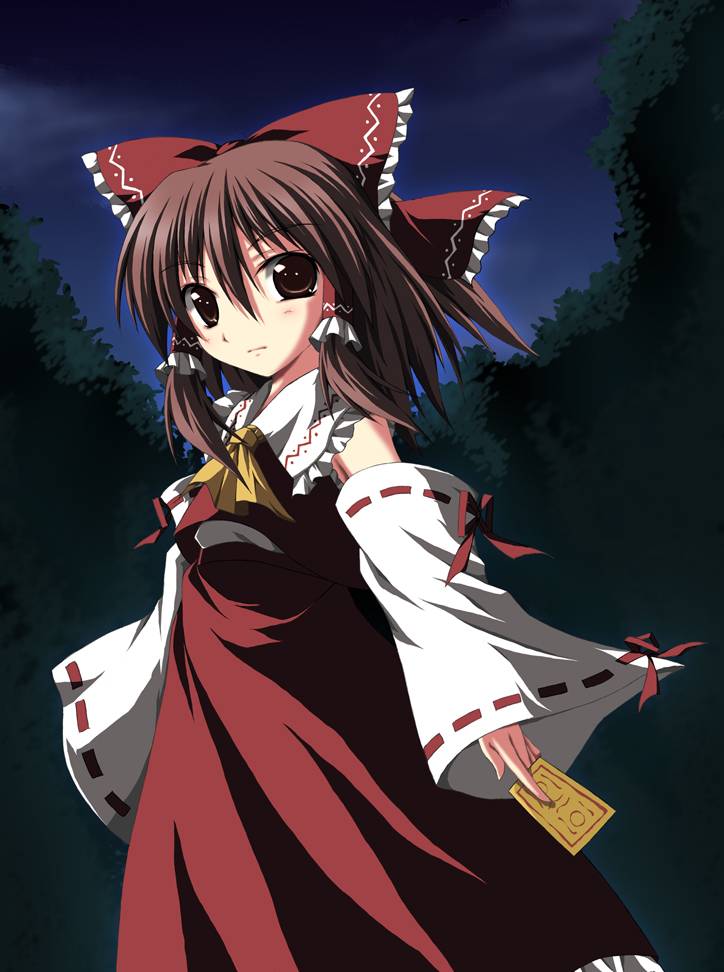 makoto (shin), hakurei reimu, imperishable night, touhou, 1girl, detached sleeves, female focus, japanese clothes, miko, nature, outdoors, plant, skirt, sky, solo