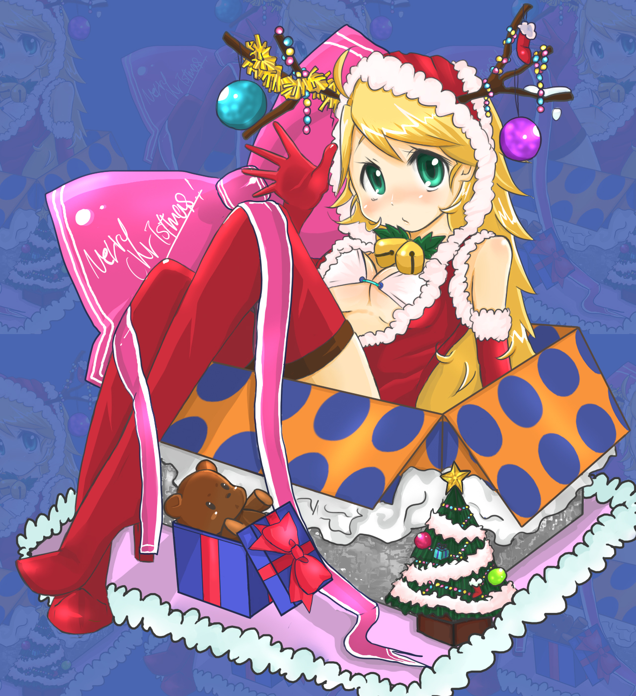 kamiya zuzu, hoshii miki, idolmaster, idolmaster (classic), idolmaster 1, bad id, bad pixiv id, highres, 00s, 1girl, bell, blonde hair, box, bra, cardboard box, christmas, elbow gloves, female focus, gloves, horns, in box, in container, lingerie, open clothes, open shirt, red gloves, santa costume, shirt, solo, thighhighs, underwear