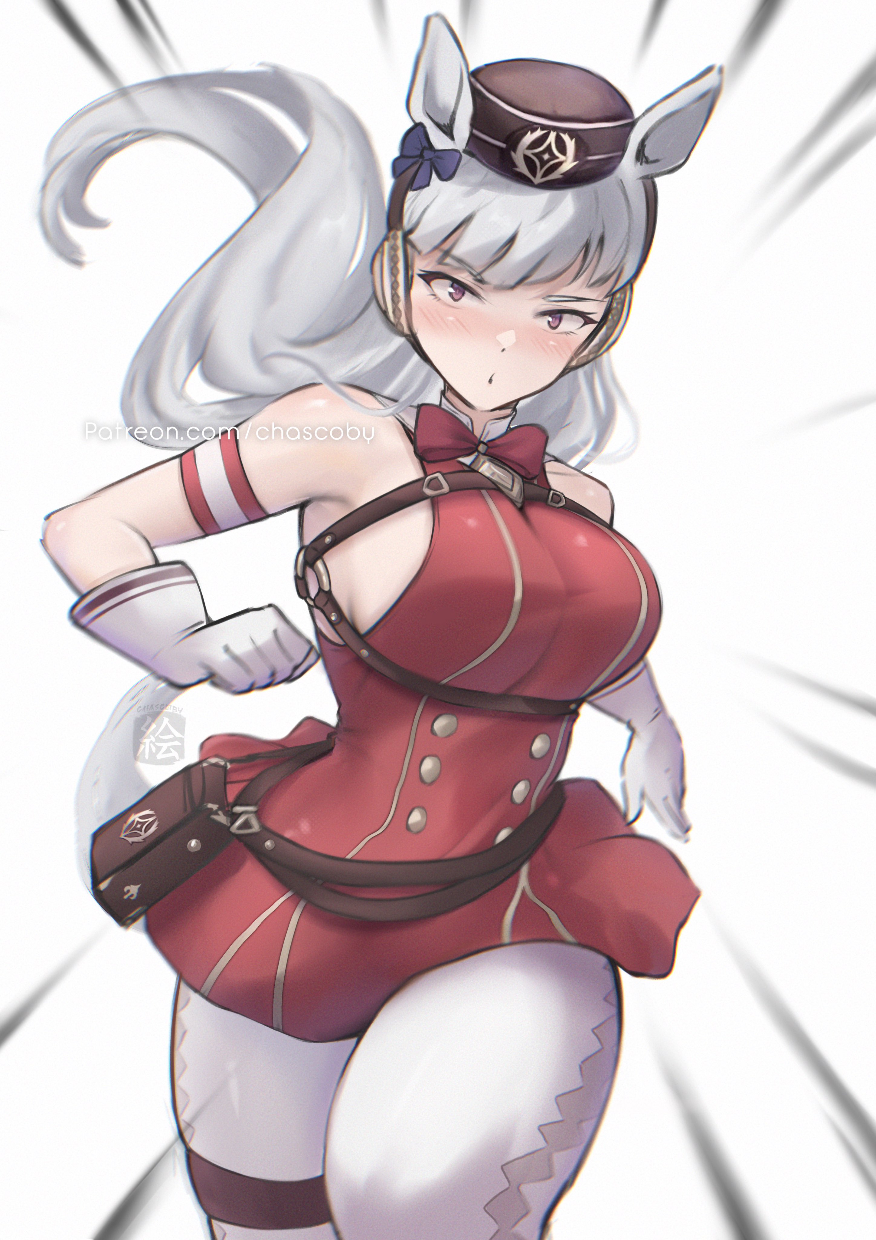 chascoby, gold ship (red strife) (umamusume), gold ship (umamusume), umamusume, absurdres, highres, 1girl, animal ears, armband, belt pouch, blunt bangs, blush, bow, bowtie, breasts, brown hat, dress, ear bow, ear ribbon, gloves, grey hair, hat, horse ears, horse girl, horse tail, large breasts, leggings, long hair, looking at viewer, pantyhose, parted lips, pillbox hat, pouch, purple bow, purple eyes, red armband, red bow, red bowtie, red dress, sleeveless, sleeveless dress, solo, striped armband, striped clothes, tail, thigh strap, white armband, white gloves, white leggings, white pantyhose