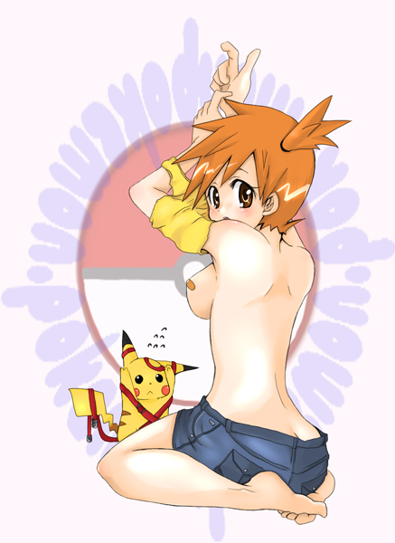 kamiya zuzu, misty (pokemon), pikachu, nintendo, pokemon, bad id, bad pixiv id, 1girl, ass, back, bandaid, bandaids on nipples, barefoot, breasts, butt crack, feet, gen 1 pokemon, medium breasts, orange hair, pasties, pokemon (creature), side ponytail, sideboob, soles, toes