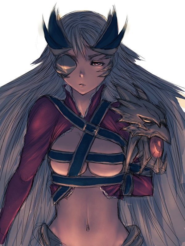 fumio (rsqkr), aldra (queen's blade), queen aldra, queen's blade, silver hair, 00s, 1girl, belt bra, breasts, eyepatch, female focus, long hair, midriff, revealing clothes, solo, underboob
