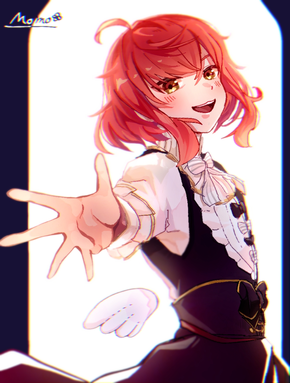 momo (user uecx8257), hahn (grimms notes), grimms notes, 1boy, looking at viewer, male focus, medium hair, open mouth, red hair, smile, solo, trap