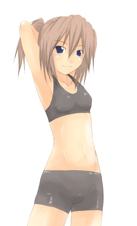 onibi (foxhound4185), 1girl, armpits, arms behind head, arms up, bike shorts, blue eyes, brown hair, cowboy shot, female focus, midriff, navel, simple background, solo, spandex, sports bra, stretching, white background