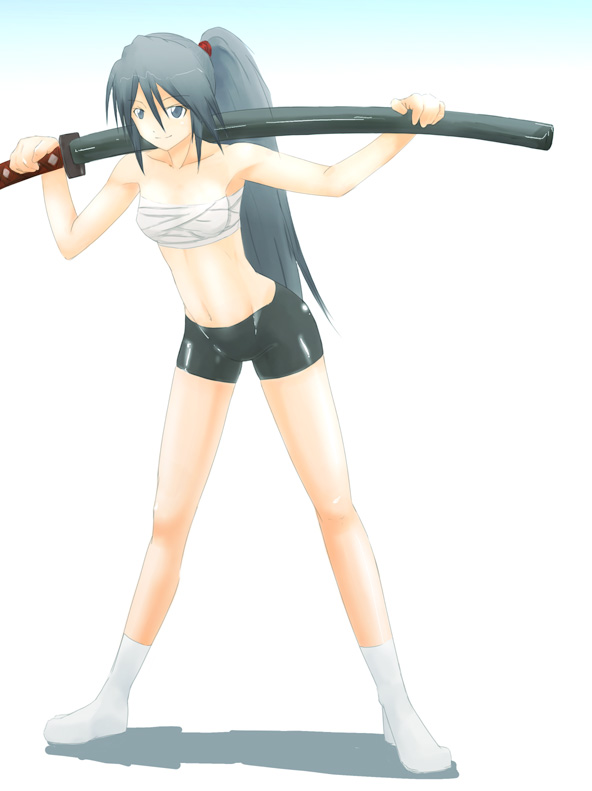 onibi (foxhound4185), bike shorts, blue eyes, blue hair, midriff, ponytail, sarashi, socks, solo, spandex, sword, weapon