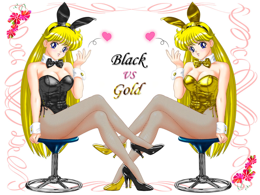 suguro-m, twkr (suguro-m), aino minako, bishoujo senshi sailor moon, black footwear, bad id, bad pixiv id, 1990s (style), 1girl, alternate color, animal ears, blonde hair, blue eyes, bow, bowtie, breasts, cleavage, crossed legs, cuffs, detached collar, dual persona, fake animal ears, female focus, fishnet pantyhose, fishnets, full body, heart, high heels, highleg, large breasts, legs, leotard, long hair, multiple girls, multiple views, pantyhose, playboy bunny, rabbit ears, retro artstyle, shoes, sitting, stool, symmetry, variations, white background, wrist cuffs, yellow shoes