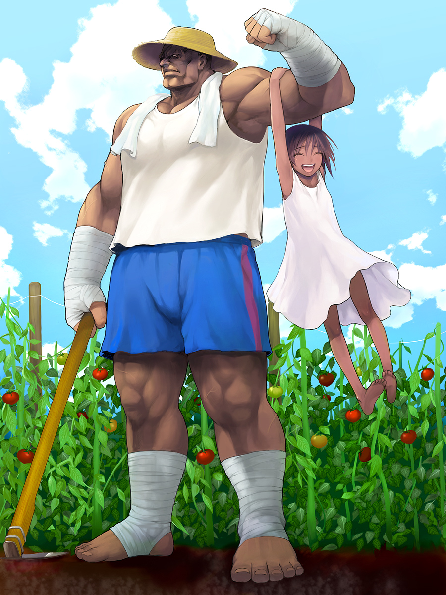 yuzuriha (active homing), sagat, capcom, street fighter, bad id, bad pixiv id, highres, 1boy, 1girl, age difference, armpits, barefoot, brown hair, child, closed eyes, dark-skinned female, dark-skinned male, dark skin, dress, farmer, feet, hand wraps, hanging, happy, hat, hoe, knees, leg wrap, legs, manly, muscular, short hair, size difference, soles, straw hat, toes, tomato, worktool