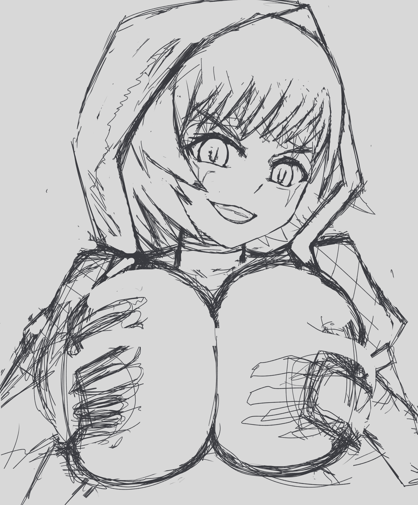 candy witch (grimms notes), grimms notes, highres, unfinished, 1boy, 1girl, breasts, gobugobuta, grin, huge breasts, looking at viewer, paizuri, prosthesis, prosthetic arm, smile, solo focus