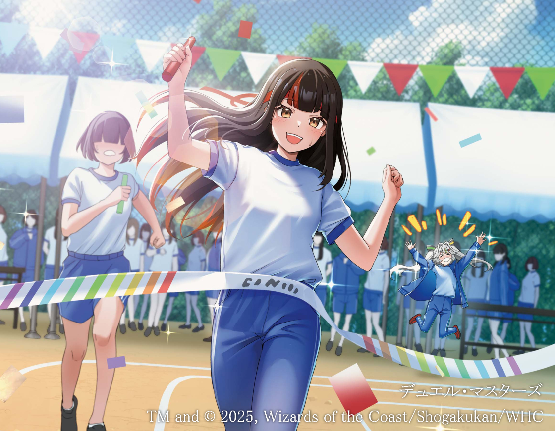 niwachichi (maekawasan), dragon musume ni naritakunai!, duel masters, official art, > <, 2025, 3girls, arms up, black hair, black shoes, brown eyes, bunting, confetti, crowd, finish line, godai dora, grey hair, gym shirt, hachimaki, headband, holding relay baton, jacket, jumping, long hair, multicolored hair, multiple girls, open clothes, open jacket, open mouth, outdoors, red hair, red headband, red shoes, relay race, running, shirt, shoes, sparkle, sukune maron, teeth, track jacket, track suit, twintails, upper teeth only, very long hair, white mouth, white shirt