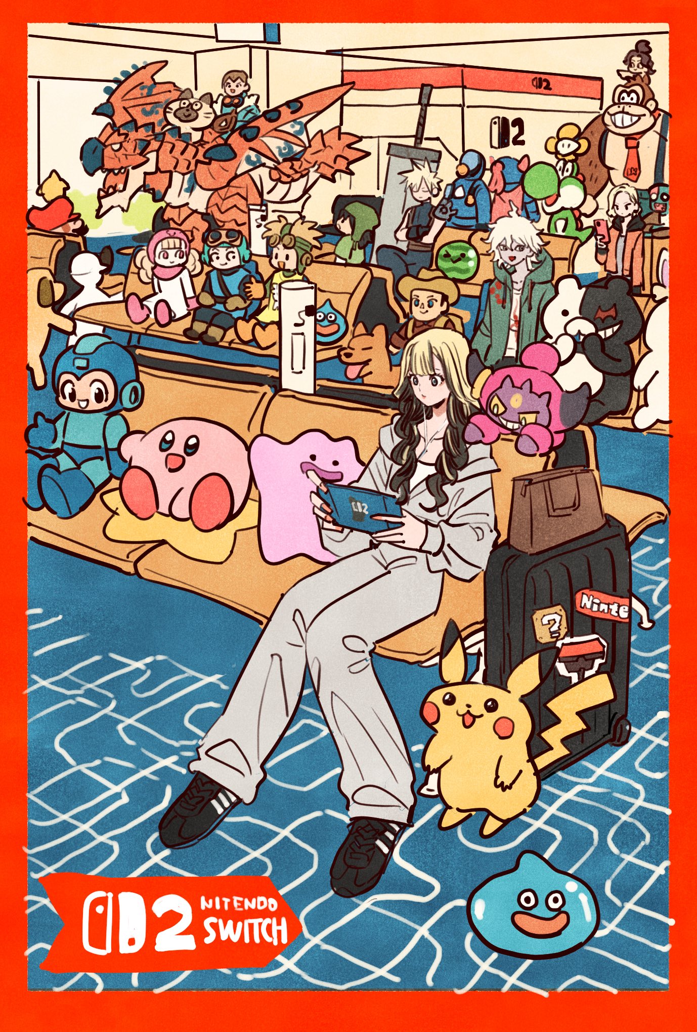takeuchi ryousuke, cloud strife, ditto, donkey kong, felyne, grace ashcroft, hoopa, kirby, komaeda nagito, mario, monokuma, monster hunter (character), pikachu, prince of lorasia, prince of samantoria, princess of moonbrook, rathalos, slime (dragon quest), x (mega man), yoshi, danganronpa (series), danganronpa 2: goodbye despair, donkey kong (series), donkey kong bananza, dragon quest, dragon quest ii, kirby (series), kirby air ride, kirby air riders, mario (series), mega man (series), monster hunter (series), nintendo, pokemon, pokemon legends: z-a, resident evil requiem, suika game, character request, copyright request, highres, armor, black bodysuit, black gloves, black hair, black shoes, blonde hair, blue pants, blue shirt, blue tunic, bodysuit, boots, buster sword, capelet, coat, crossed arms, crossed legs, dog, dragon, food, fruit, gen 1 pokemon, gen 6 pokemon, gloves, goggles, goggles on head, grey jumpsuit, holding, holding phone, hood, hooded capelet, jumpsuit, legendary pokemon, multicolored hair, mythical pokemon, nintendo direct, nintendo switch, orange coat, pants, pauldrons, phone, pink boots, pink capelet, pink hood, robe, rolling suitcase, shirt, shoes, shoulder armor, sidelocks, single bare shoulder, single pauldron, sitting, slime (creature), sneakers, spiked hair, suitcase, suspenders, tunic, two-tone hair, watermelon, white hair, white robe, yellow tunic, zombie