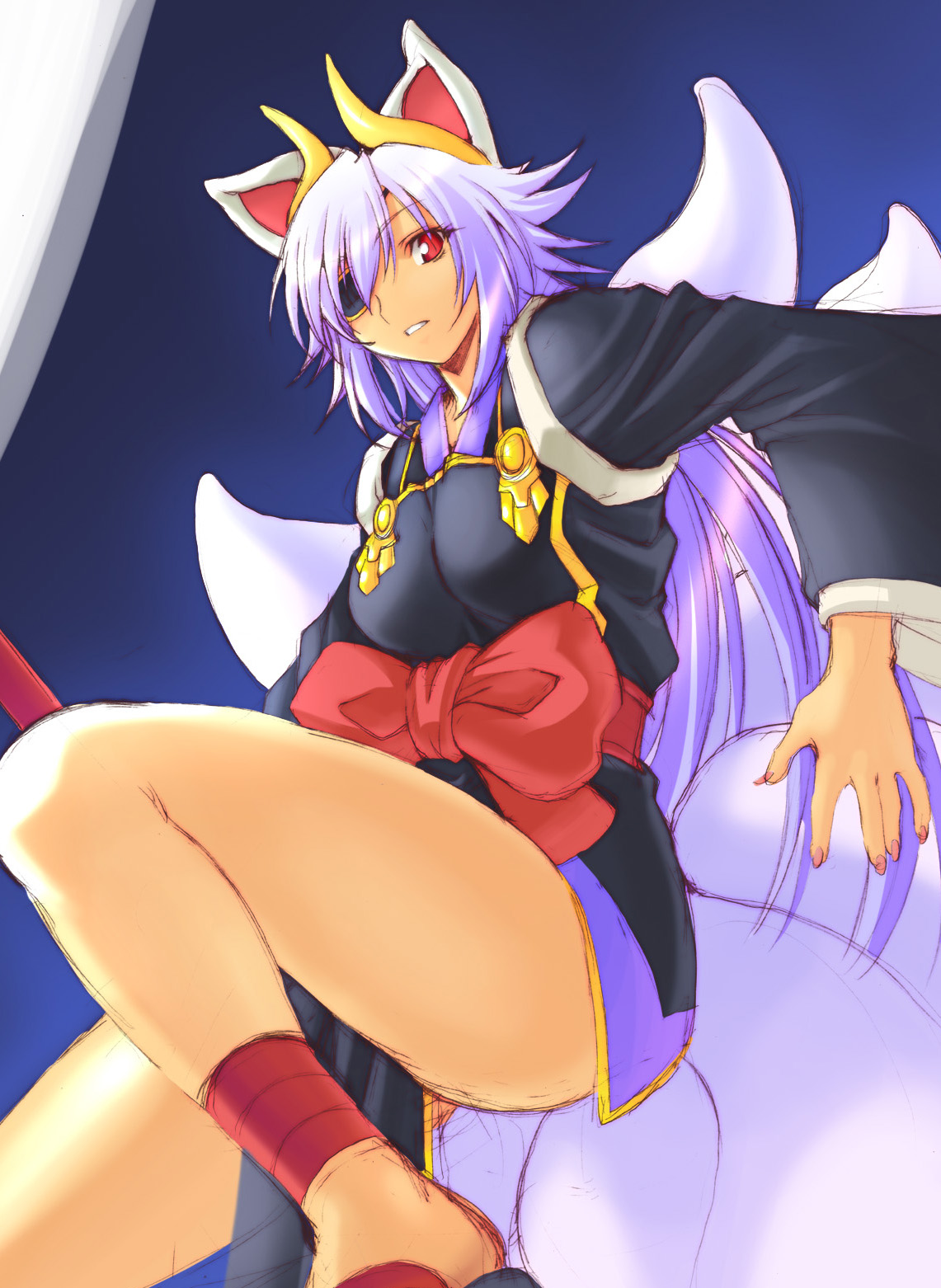 bonten karasu, kuon (shinrabanshou), shinrabanshou, highres, animal ears, ass, eyepatch, fox, horns, japanese clothes, long hair, purple hair, red eyes, solo, white hair