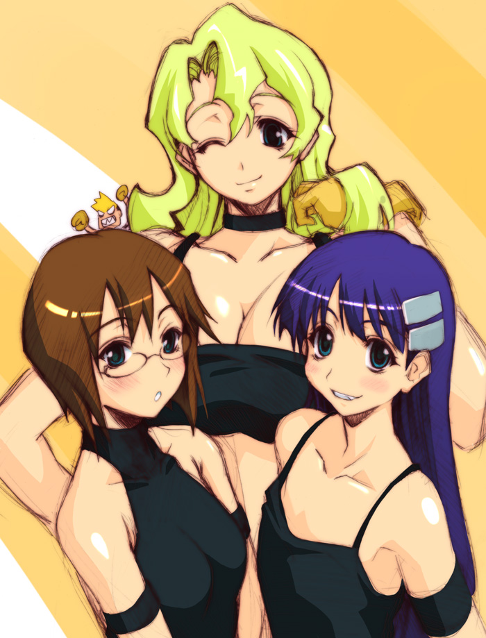 bonten karasu, kinon bachika, kittan bachika, kiyal bachika, kiyoh bachika, tengen toppa gurren lagann, 00s, 1boy, 3girls, blonde hair, blush, breasts, brown hair, chibi, chibi inset, cleavage, glasses, large breasts, long hair, medium breasts, multiple girls, one eye closed, purple hair, short hair, siblings, sisters, wink