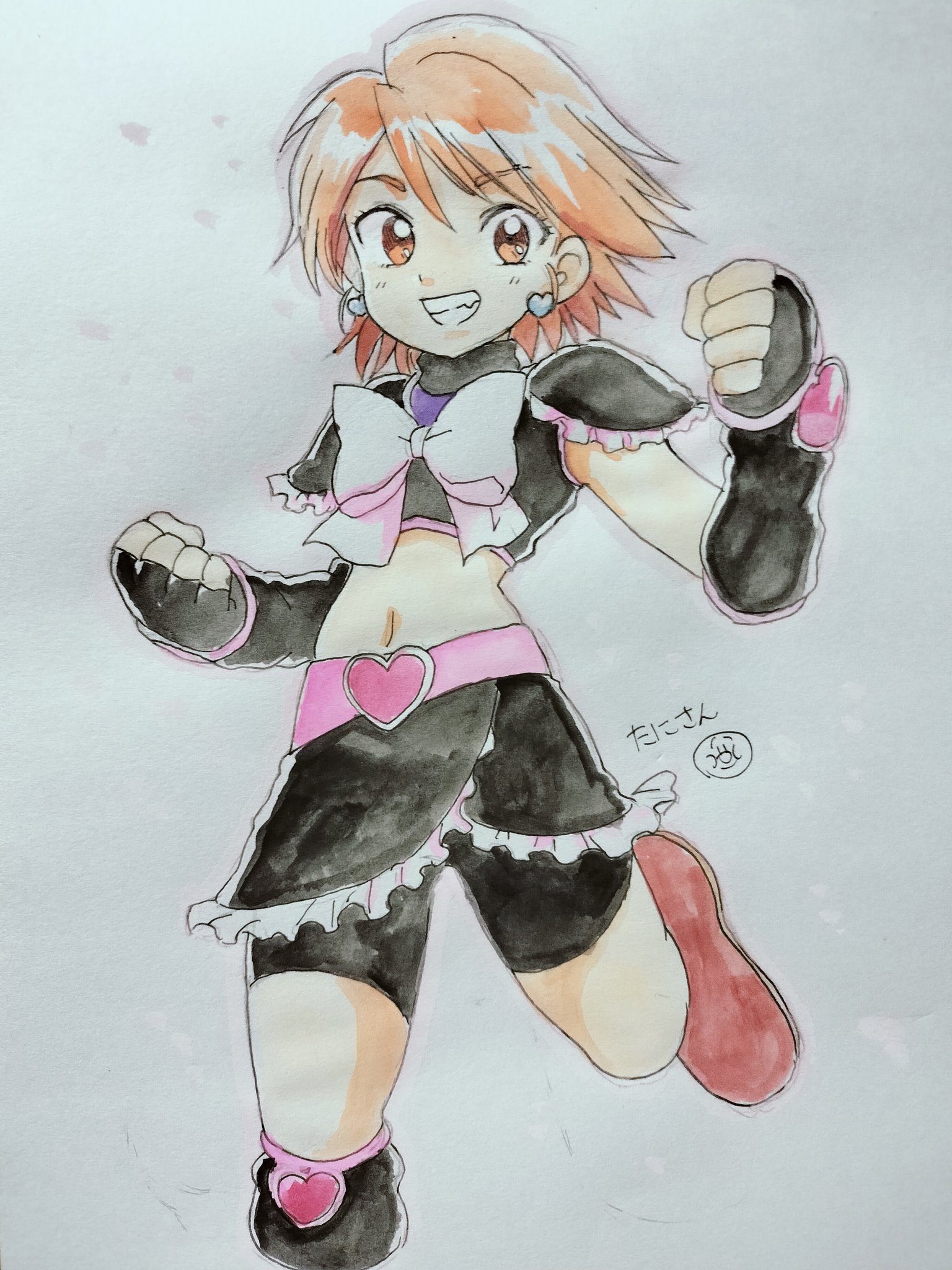 cure black, misumi nagisa, futari wa precure, precure, commentary, highres, traditional media, 1girl, :d, arm warmers, artist name, belt, bike shorts, bike shorts under skirt, black arm warmers, black gloves, black leg warmers, black shorts, black skirt, bow, buckle, chest bow, clenched hands, crop top, detached sleeves, earrings, fingerless gloves, foot out of frame, frilled skirt, frills, gloves, grin, hair between eyes, hand up, heart, heart-shaped buckle, heart belt, heart earrings, jewelry, leg up, leg warmers, looking at viewer, magical girl, midriff, navel, open mouth, orange eyes, orange hair, pink belt, pink shoes, shoes, short hair, shorts, shorts under skirt, simple background, skirt, sleeveless, smile, solo, stomach, swept bangs, tani gorira, white bow