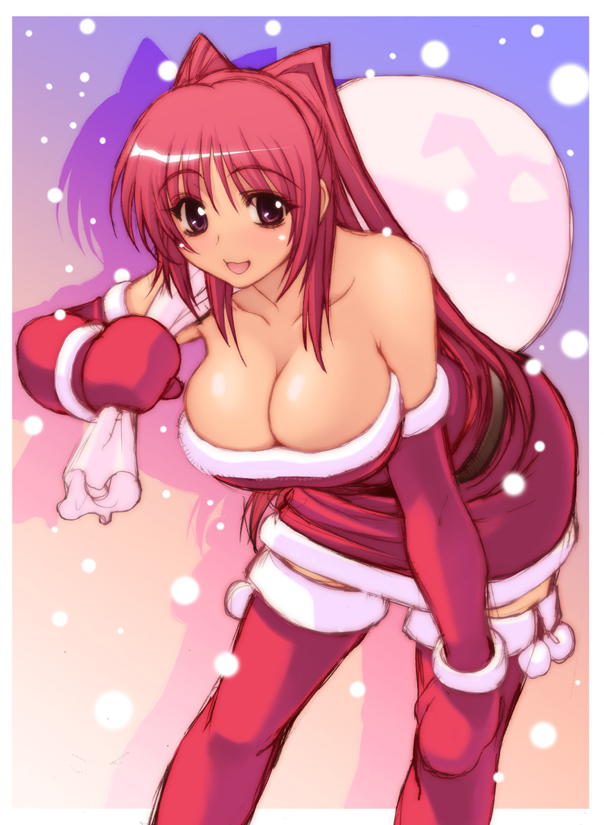 bonten karasu, kousaka tamaki, to heart (series), to heart 2, 00s, 1girl, alternate costume, bare shoulders, belt, bent over, blush, breasts, christmas, cleavage, collarbone, dress, elbow gloves, female focus, gloves, happy, holding, holding sack, large breasts, leaning, leaning forward, long hair, looking at viewer, mittens, open mouth, purple eyes, red dress, red gloves, red hair, red mittens, red thighhighs, sack, santa costume, santa dress, shadow, short dress, skirt, smile, snowing, solo, standing, strapless, strapless dress, thighhighs, zettai ryouiki