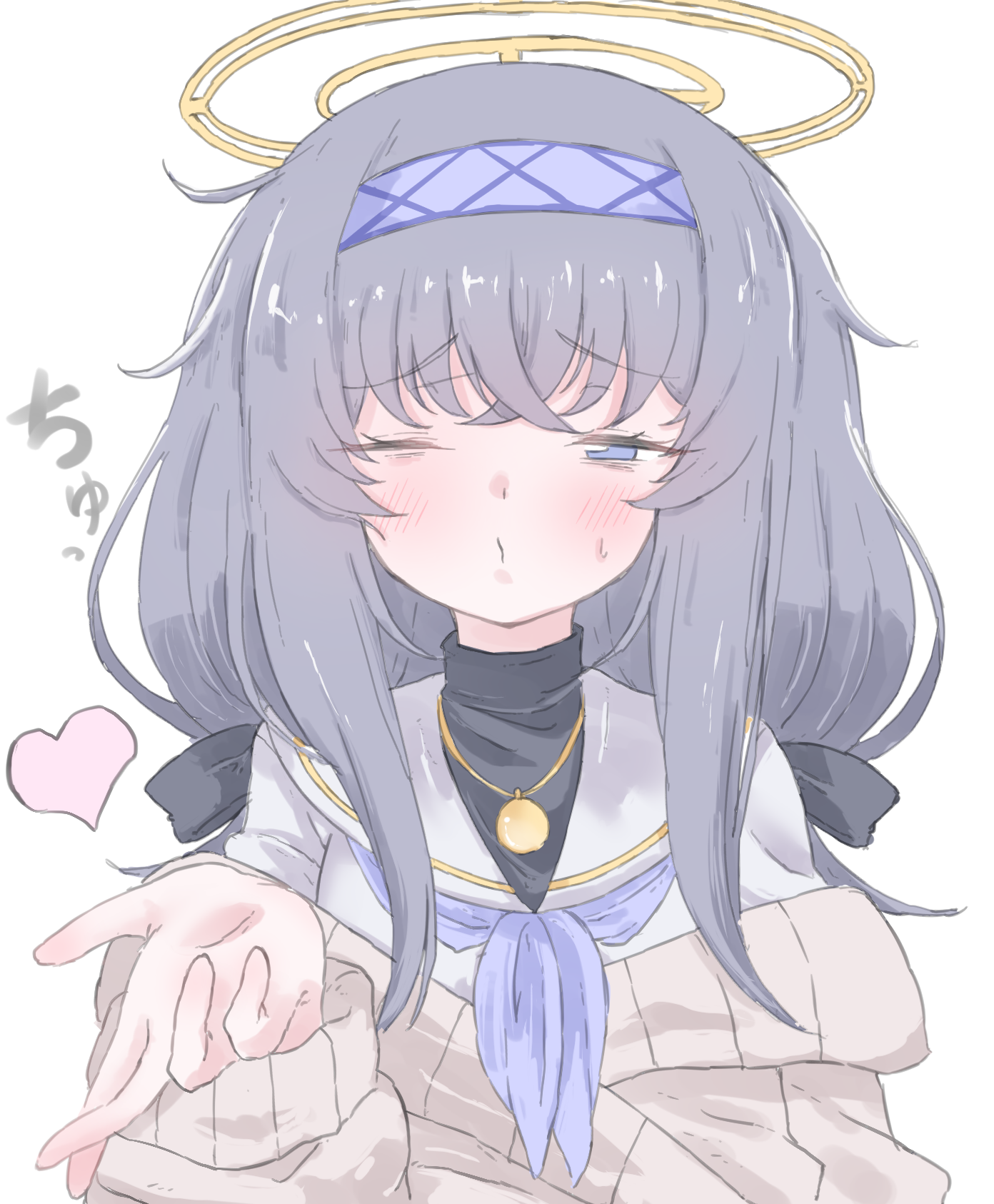 norippe (user zgsf8872), ui (blue archive), blue archive, commentary request, highres, translation request, 1girl, bags under eyes, black hair, black shirt, blowing kiss, blue eyes, blue hairband, blue neckerchief, blush, brown jacket, closed mouth, hair between eyes, hairband, half-closed eye, halo, heart, jacket, long hair, long sleeves, looking at viewer, neckerchief, off shoulder, one eye closed, puffy long sleeves, puffy sleeves, sailor collar, shirt, simple background, solo, undershirt, upper body, white background, white sailor collar, white shirt