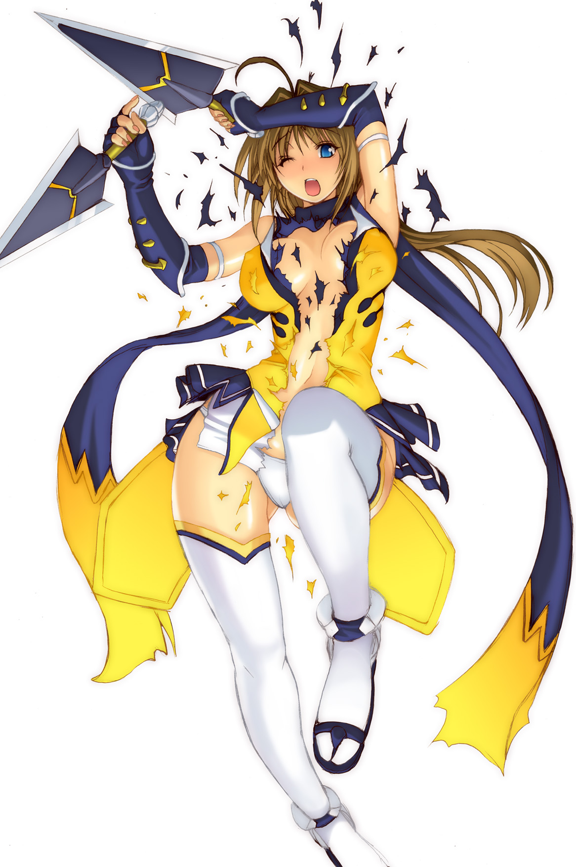 bonten karasu, takamori haruka, choukou (alicesoft), choukou sennin haruka, highres, 00s, 1girl, ahoge, blue eyes, breasts, brown hair, cleavage, covered erect nipples, female focus, knife, large breasts, midriff, panties, solo, tearing clothes, thighhighs, torn clothes, underwear, white panties