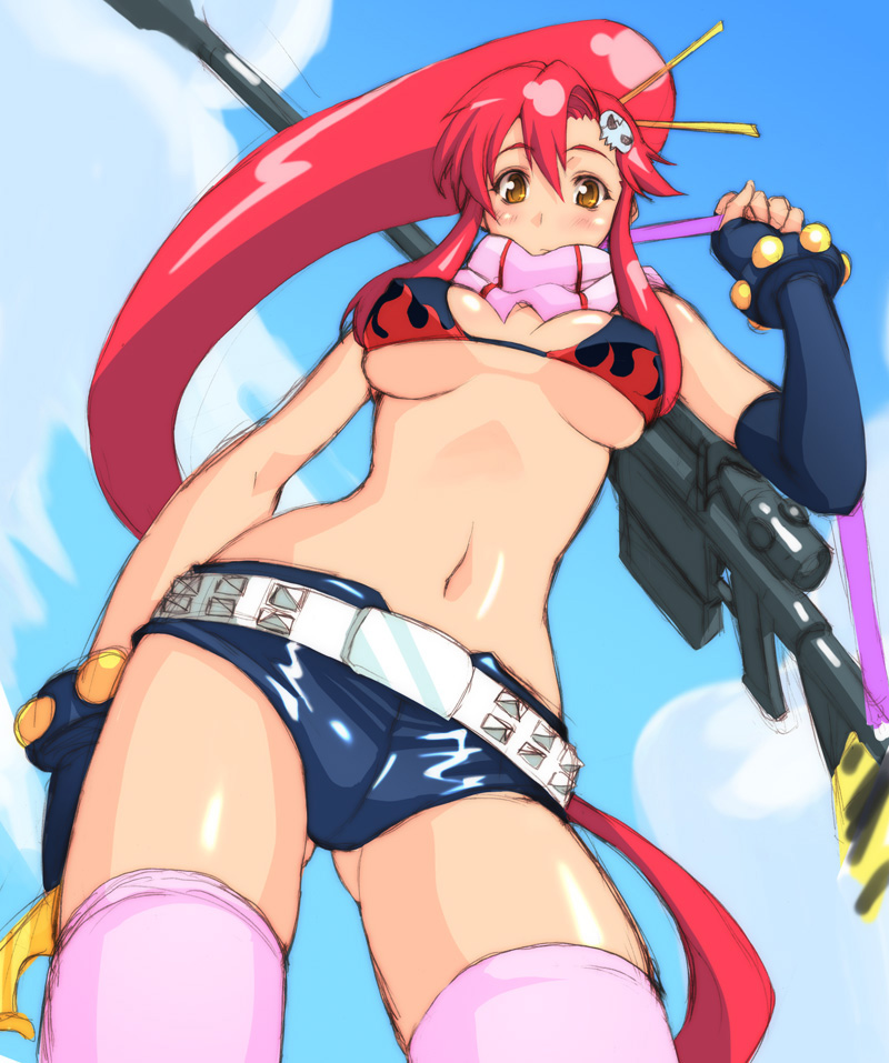 bonten karasu, yoko littner, tengen toppa gurren lagann, 00s, 1girl, anti-materiel rifle, belt, bikini, bikini top only, blush, breasts, choker, female focus, gloves, gun, large breasts, midriff, red hair, rifle, sniper rifle, solo, swimsuit, thighhighs, underboob, weapon, yellow eyes