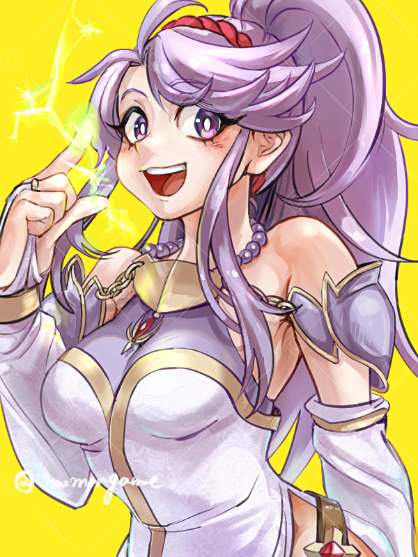 momongame 17, tailtiu (fire emblem), fire emblem, fire emblem: genealogy of the holy war, nintendo, 1girl, bare shoulders, breasts, bridal gauntlets, detached sleeves, dress, electricity, hairband, jewelry, long hair, long sidelocks, looking at viewer, medium breasts, open mouth, parted bangs, ponytail, purple eyes, purple hair, sidelocks, simple background, smile, solo, twitter username, upper body, yellow background