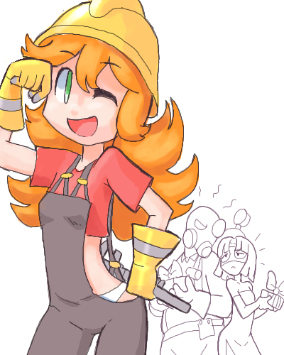 captain (artist), engineer (tf2), pyro (tf2), red engineer (tf2), spy (tf2), team fortress 2, gender request, lowres, 1boy, 2girls, blouse, genderswap, gift, gloves, helmet, long hair, multiple girls, one eye closed, overalls, panties, red hair, red shirt, shirt, underwear, valve, wink, wrench