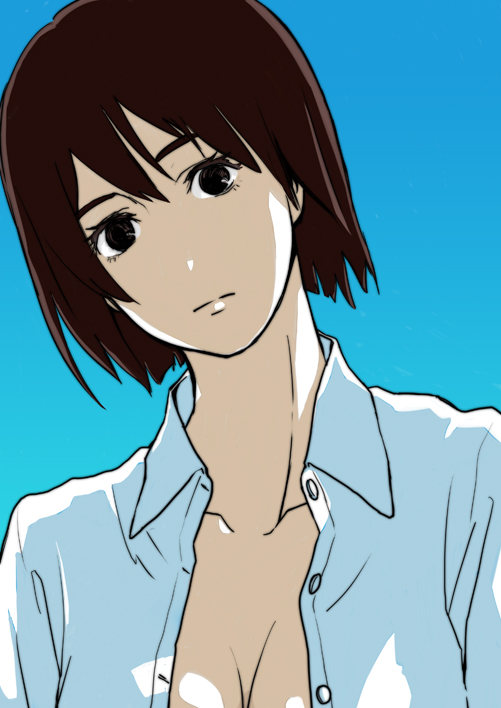 tanaka hirotaka, 1girl, breasts, brown hair, cleavage, female focus, open clothes, open shirt, shirt, solo