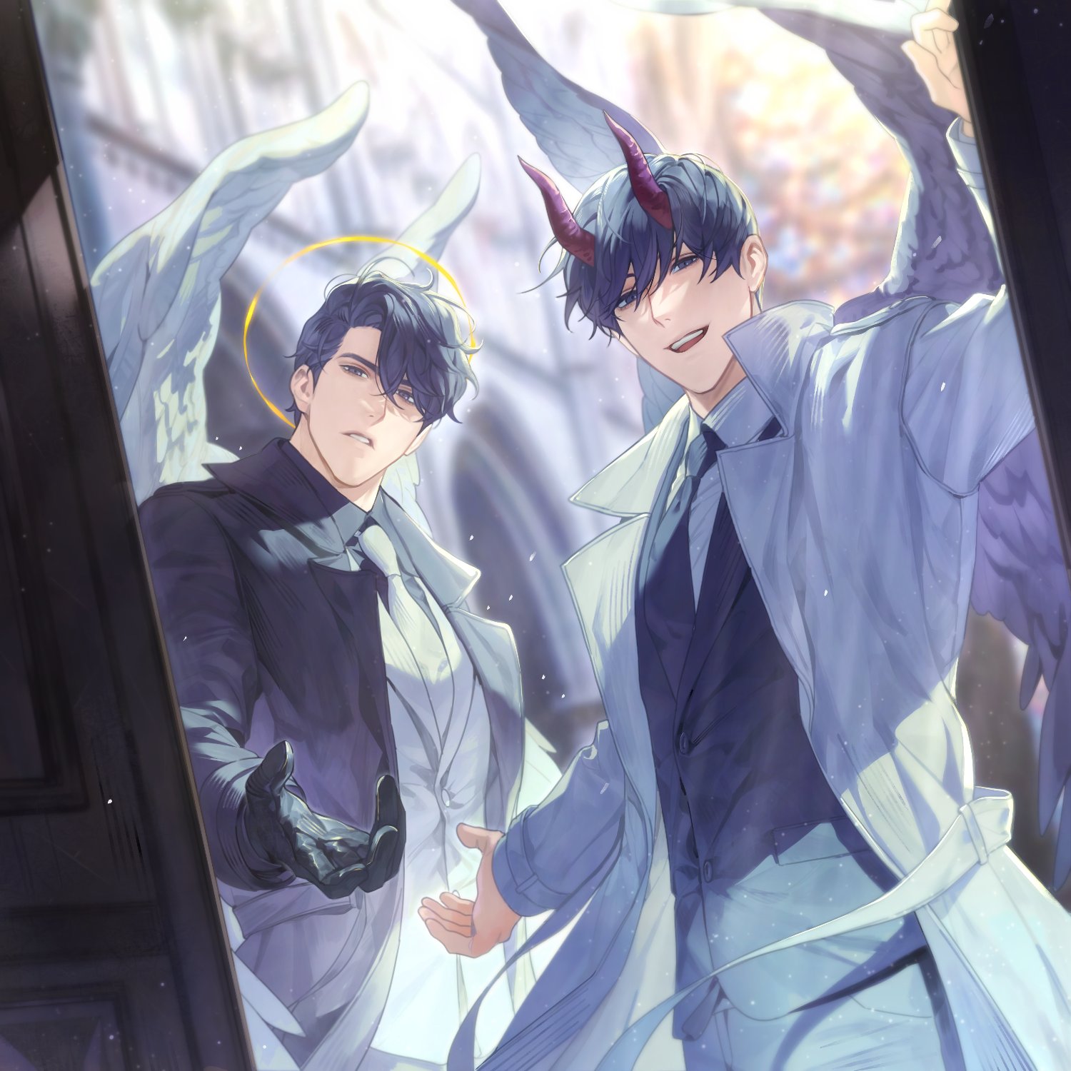 bab du 666, kim dokja, yoo joonghyuk, omniscient reader's viewpoint, highres, 2boys, :d, angel, angel wings, black coat, black eyes, black gloves, black hair, black shirt, black vest, black wings, coat, collared shirt, color contrast, curtained hair, day, demon, demon horns, doorway, feathered wings, feet out of frame, gloves, halo, halo behind head, horns, light particles, looking at viewer, male focus, multiple boys, necktie, offering hand, official alternate costume, open clothes, open coat, open door, open mouth, outstretched arms, popped collar, pov, pov doorway, shirt, short hair, smile, sunlight, vest, white coat, white necktie, white shirt, white vest, white wings, wings