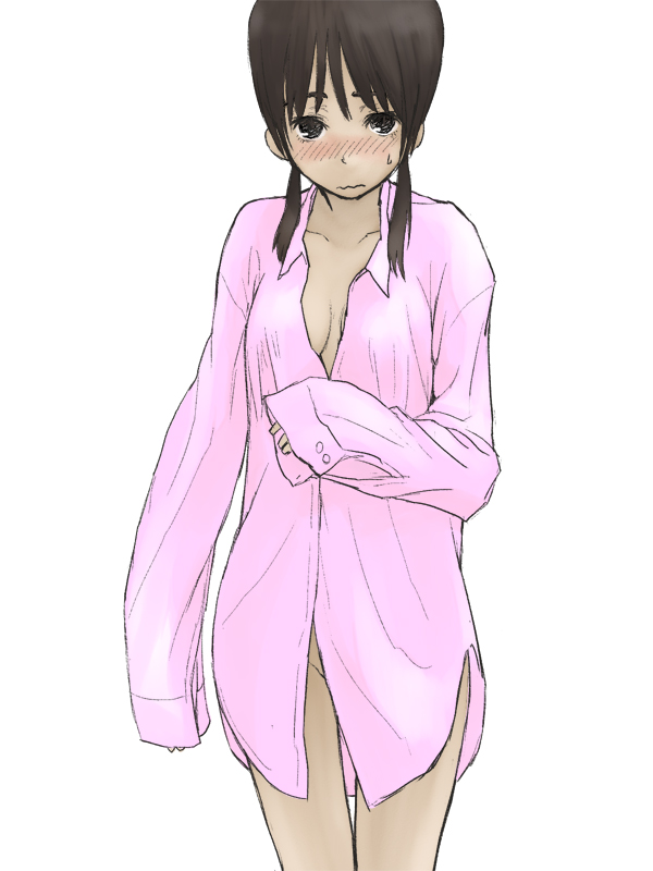 tanaka hirotaka, 1girl, black hair, blush, bottomless, breasts, cleavage, female focus, no panties, solo
