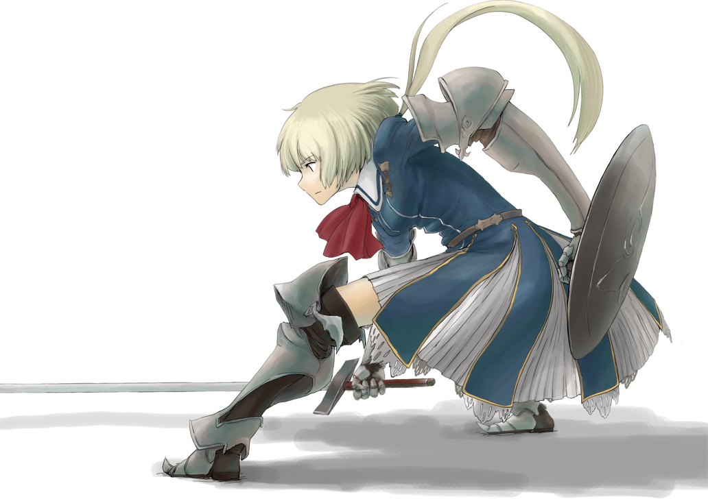 tanaka hirotaka, 1girl, armor, blonde hair, female focus, ponytail, shield, solo, sword, weapon
