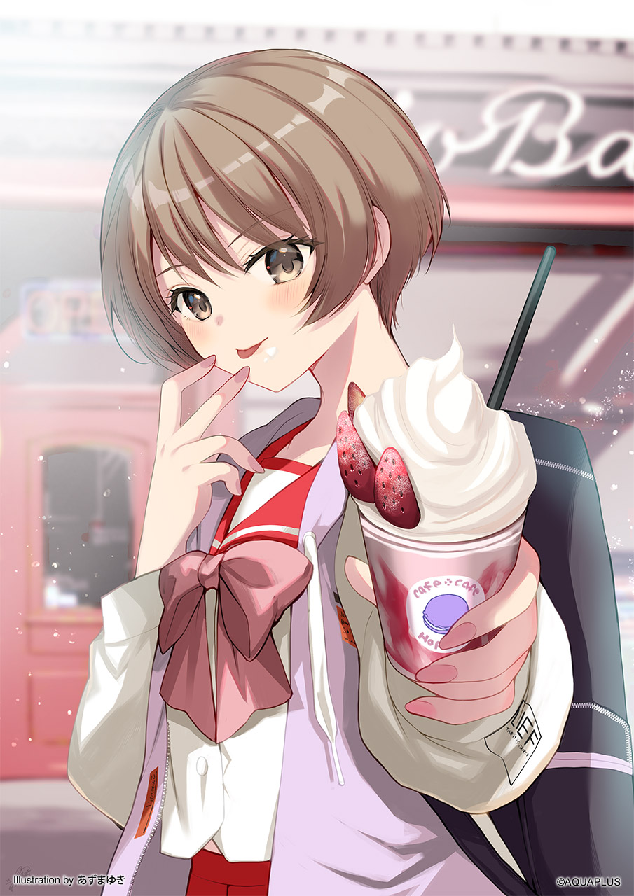azuma yuki, nagaoka shiho, aquaplus, to heart, to heart (series), commentary request, highres, official art, second-party source, 1girl, artist name, bag, black bag, blouse, blush, bow, brown hair, buttons, cafe, collar, collared jacket, collared shirt, company name, contrast collar, cream, cream on face, door, drawstring, drinking straw, eyelashes, fingerless gloves, food, food on face, fruit, gloves, guest art, jacket, letterman jacket, light particles, long sleeves, looking at viewer, open clothes, open jacket, open sign, outdoors, painterly, pink bow, pink jacket, pleated skirt, pov, print sleeve cuffs, puffy long sleeves, puffy sleeves, red collar, red skirt, school bag, shirt, short hair, skirt, sleeve cuffs, solo, strawberry, text print, tongue, tongue out, unzipped, upper body, whipped cream, white shirt, white sleeve cuffs, white sleeves, yellow eyes