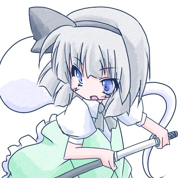 hazuki m, konpaku youmu, konpaku youmu (ghost), touhou, bad id, bad pixiv id, 1girl, blue eyes, female focus, ghost, hairband, hitodama, katana, sheath, short hair, solo, sword, unsheathing, weapon, white hair
