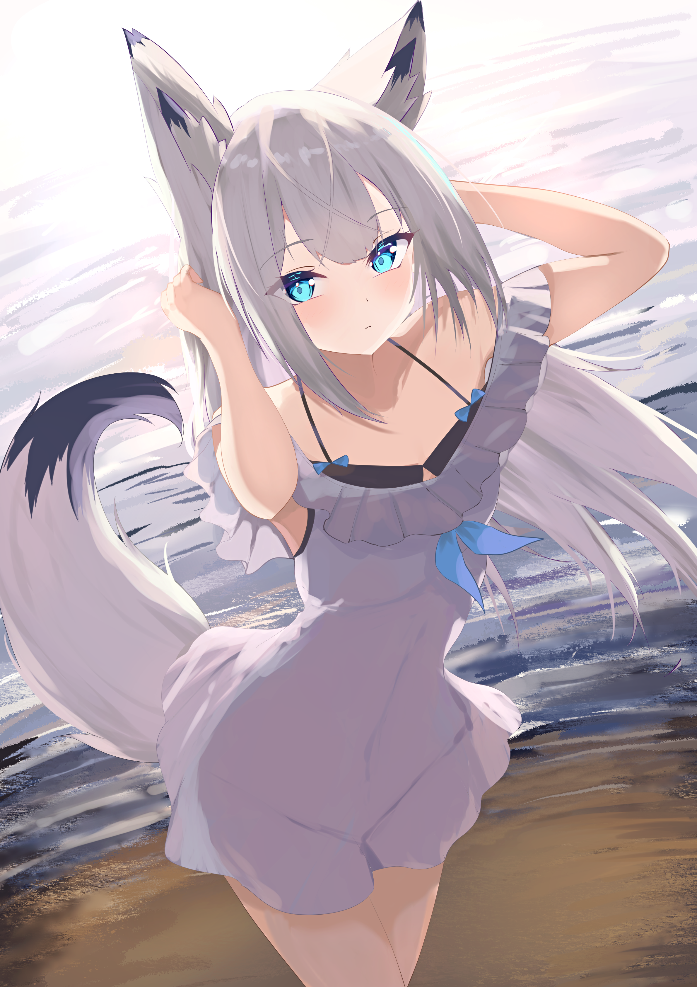 natsuki (natsu 1936), kawakaze (azur lane), azur lane, absurdres, highres, 1girl, animal ear fluff, animal ears, bare shoulders, black bra, blue eyes, blush, bra, covered navel, dress, fox ears, fox girl, fox tail, grey dress, grey hair, long hair, looking at viewer, off-shoulder dress, off shoulder, sidelocks, solo, tail, underwear