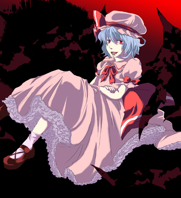 remilia scarlet, touhou, bad id, bad pixiv id, 1girl, blue hair, female focus, full body, hat, ribbon, short hair, solo, wings