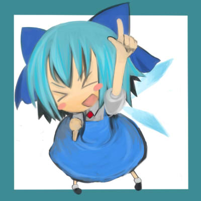 ofly (ofly252), cirno, embodiment of scarlet devil, touhou, lowres, > <, 1girl, bow, chibi, closed eyes, female focus, kamina pose, pointing, pointing up, solo