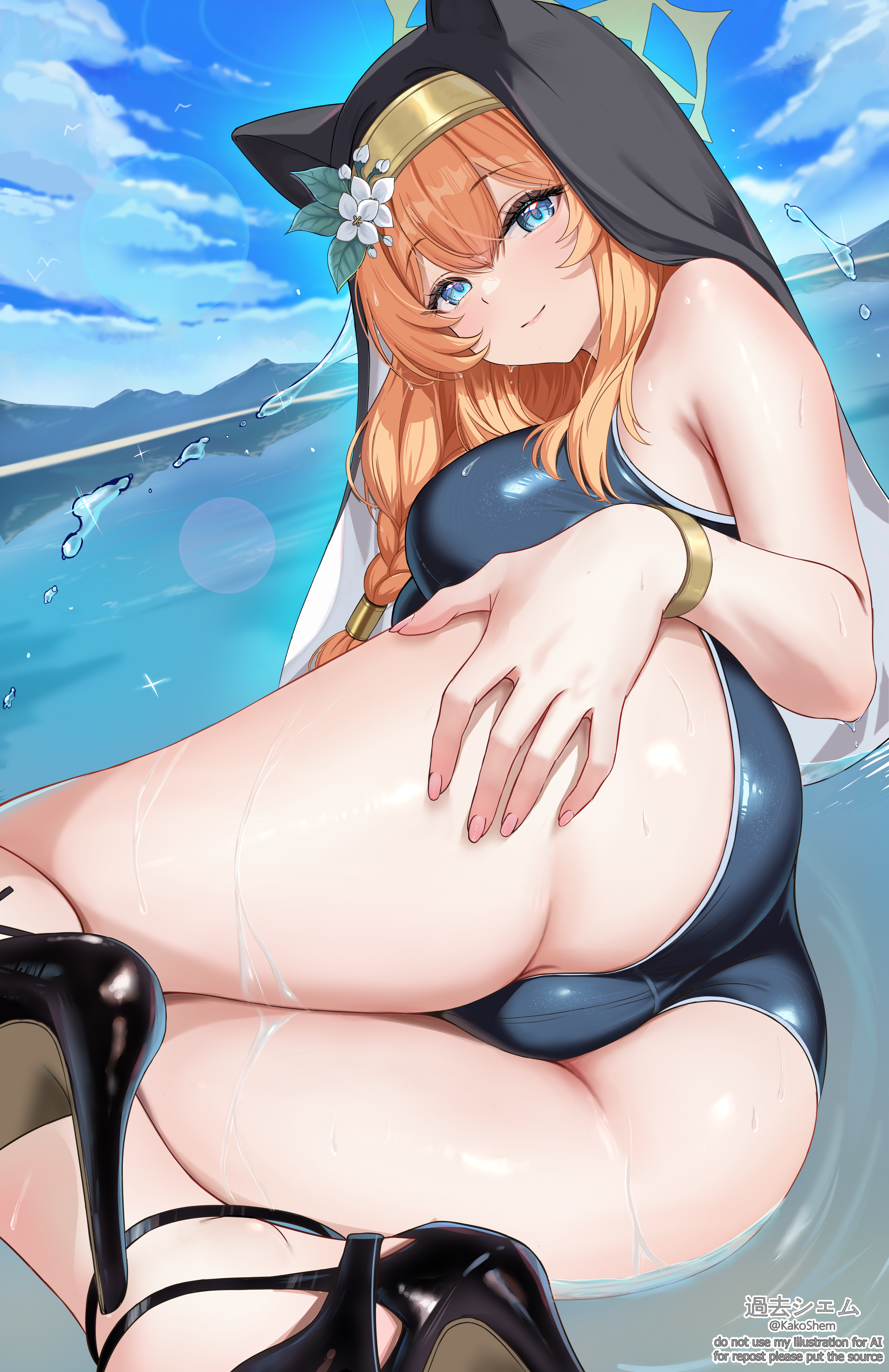 shem kako, mari (blue archive), blue archive, absurdres, commentary request, highres, 1girl, alternate costume, animal ears, ass, black veil, blue eyes, blue sky, blush, braid, brooch, cat ears, cat girl, closed mouth, day, ears under headwear, fingernails, flower brooch, from below, hair between eyes, hair ornament, halo, jewelry, long hair, looking at viewer, lying, ocean, on side, orange hair, outdoors, single braid, sky, smile, solo, swimsuit, thighs, veil, wet, yellow halo