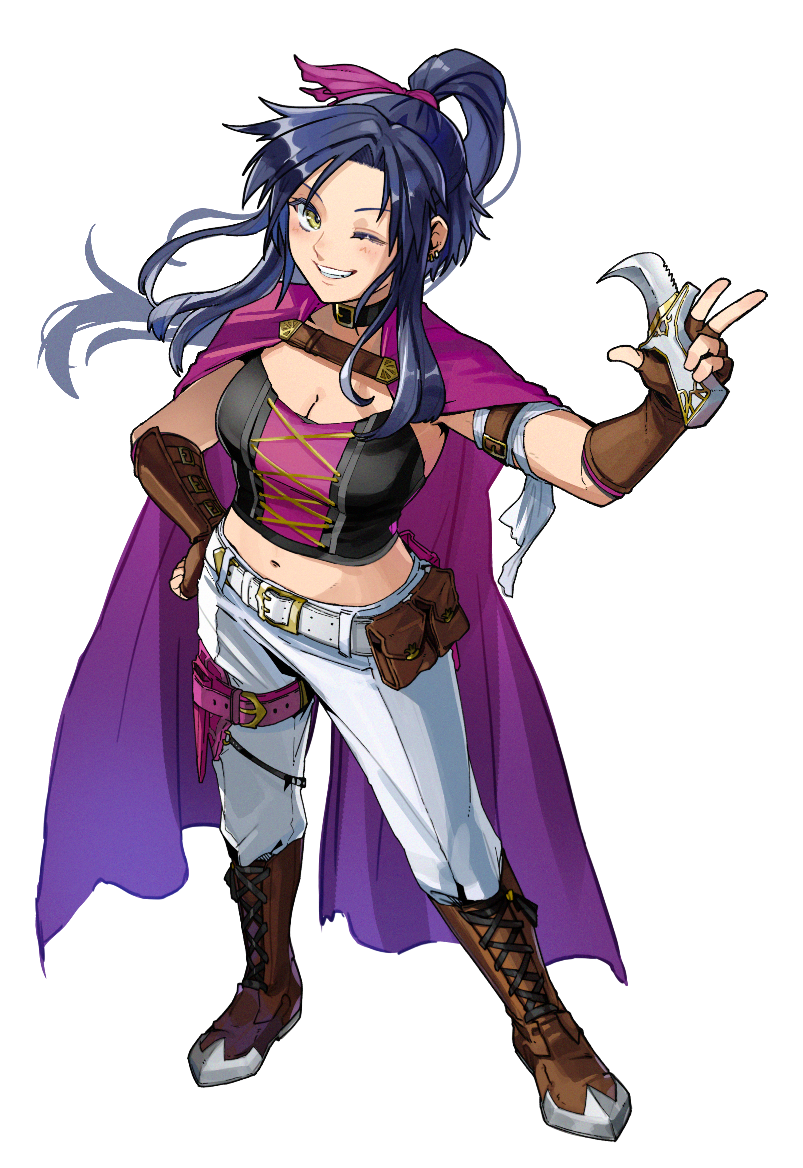 misokatsuhaumai, fire emblem, fire emblem: radiant dawn, nintendo, original, absurdres, commentary, commission, commissioner upload, highres, 1girl, arm strap, black hair, black vest, boots, breasts, brown boots, cape, cleavage, crop top, dagger, estelle (loneshadowstar), fingerless gloves, full body, gloves, grin, hand on own hip, holding, holding dagger, holding knife, holding weapon, knife, large breasts, navel, one eye closed, pants, purple cape, smile, solo, vest, weapon, white pants, yellow eyes