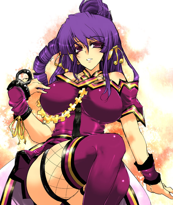 aoguu, umegiri hifumi, beatmania iidx, beatmania iidx 14 gold, bemani, bad id, bad pixiv id, 1girl, drill hair, female focus, fishnet thighhighs, fishnets, long hair, pink eyes, purple hair, sitting, solo, thighhighs